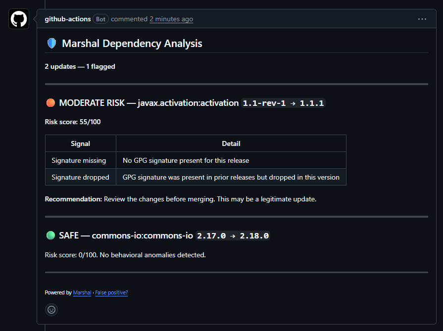 Marshal PR comment showing javax.activation:activation 1.1-rev-1 to 1.1.1 scored MODERATE RISK 55/100 with Signature missing and Signature dropped signals